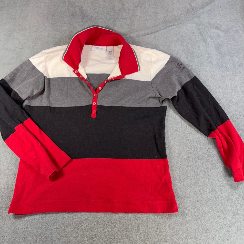 LizGolf Liz Claiborne Womens Red White Grey Black Colorblock Long Sleeve Polo M